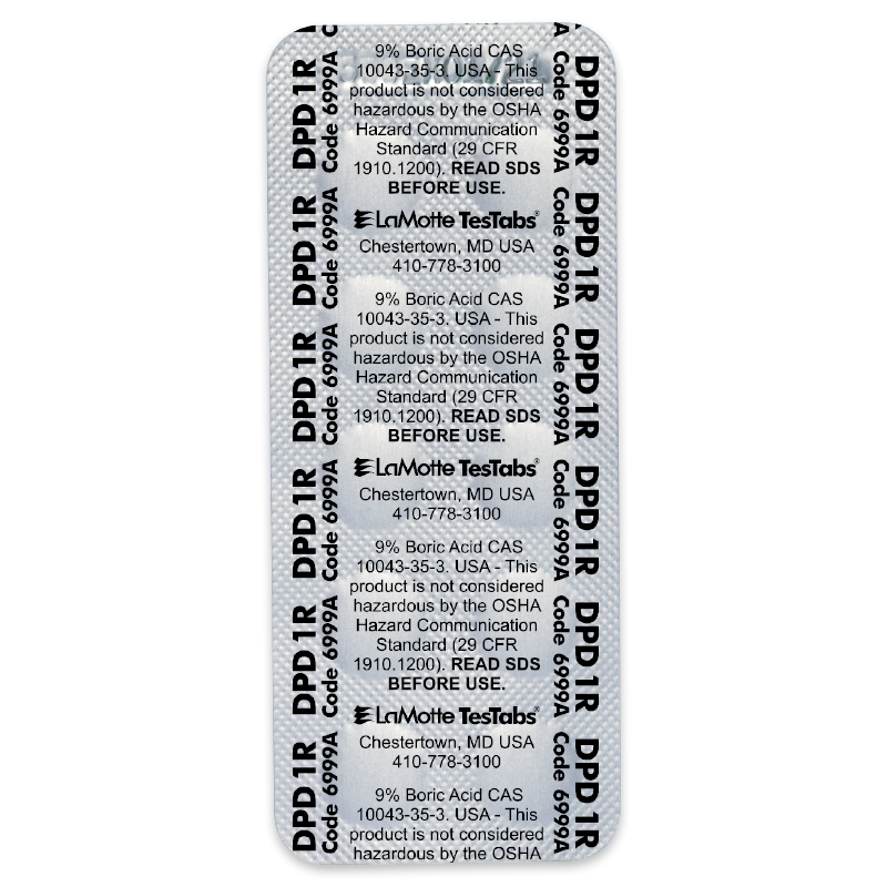 A blister pack labeled “DPD 1R” contains Chlorine DPD #1 RAPID tablets by LaMotte, featuring safety warnings about boric acid, manufacturer info, and instructions to read the SDS before use.