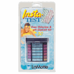 A packaged Free Chlorine & pH Test Kit - 7019 by LaMotte, featuring a swimmer and a comparison color chart. Packaging states 30 tests for each factor.