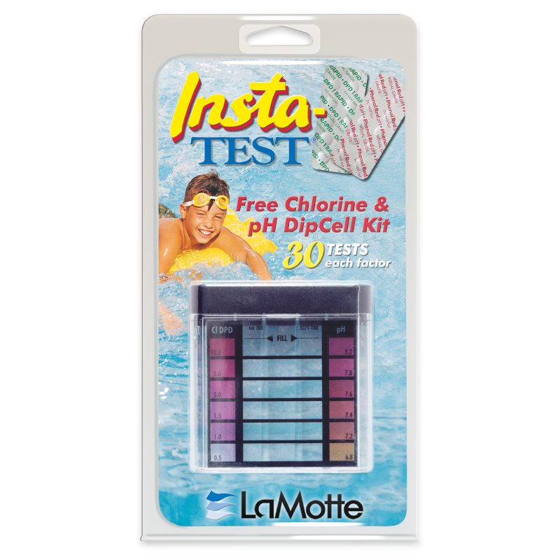 A packaged Free Chlorine & pH Test Kit - 7019 by LaMotte, featuring a swimmer and a comparison color chart. Packaging states 30 tests for each factor.