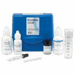 A blue Hydrogen Peroxide Test Kit - 7150-01 by LaMotte features labeled reagent bottles, a small jar, a dropper, and a clear measuring cylinder neatly displayed in front of the case.