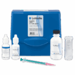 A LaMotte Sulfite Test Kit - 7175-DR-01 with a blue case, two small reagent bottles, a larger "Sulfite C" bottle, a clear test tube, and a green syringe with a pink tip, all neatly arranged in front of the case.