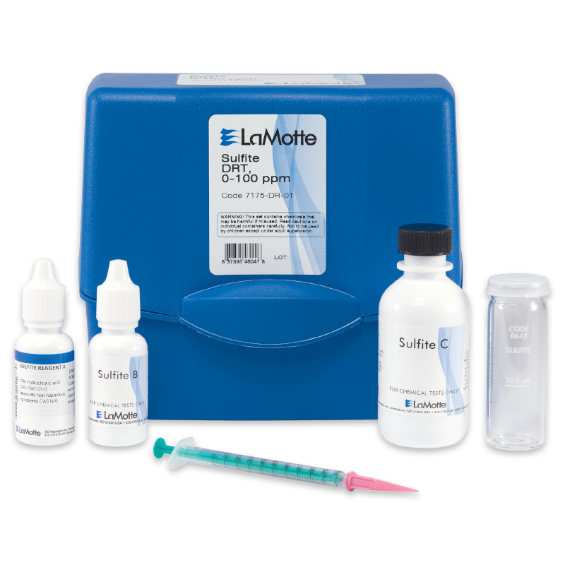 A LaMotte Sulfite Test Kit - 7175-DR-01 with a blue case, two small reagent bottles, a larger "Sulfite C" bottle, a clear test tube, and a green syringe with a pink tip, all neatly arranged in front of the case.