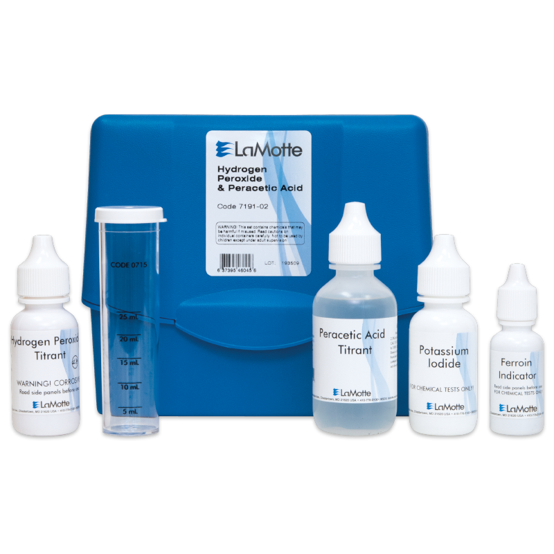 A blue plastic case labeled Hydrogen Peroxide & Peracetic Acid, part of the Peracetic Acid Test Kit - 7191-02, holds five bottles of chemical reagents and a clear graduated test tube arranged neatly in front.
