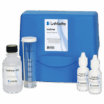 A blue LaMotte Iodine Test Kit - 7253-01 case sits behind testing supplies, including a bottle labeled Iodine #3, a clear graduated cylinder, and two small iodine reagent bottles labeled #1 and #2.