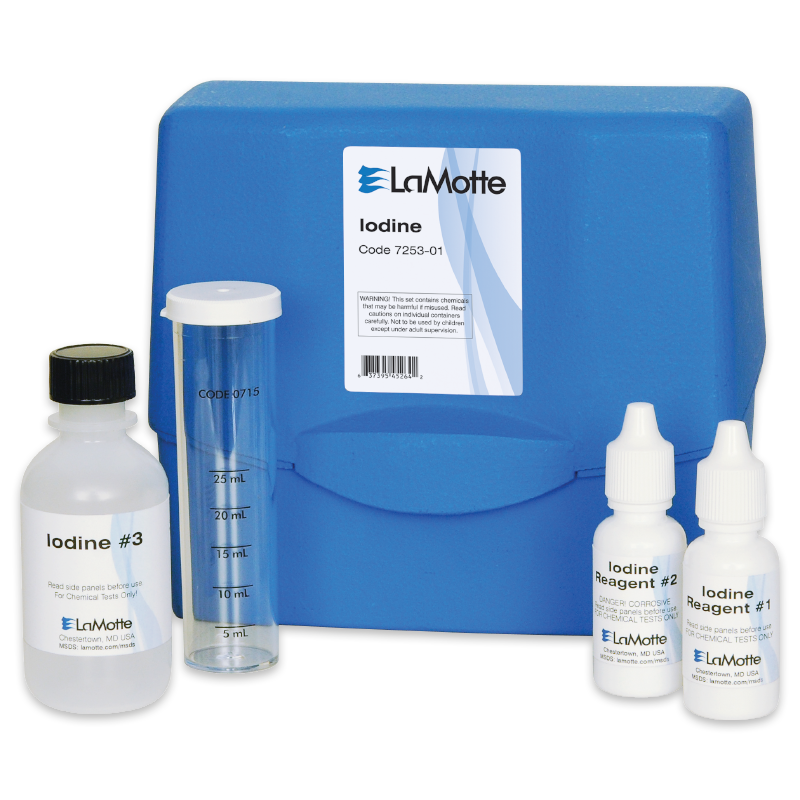 A blue LaMotte Iodine Test Kit - 7253-01 case sits behind testing supplies, including a bottle labeled Iodine #3, a clear graduated cylinder, and two small iodine reagent bottles labeled #1 and #2.