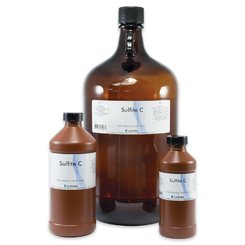 Three brown laboratory bottles of varying sizes, each labeled Sulfite C and capped with black lids, are grouped together against a white background.