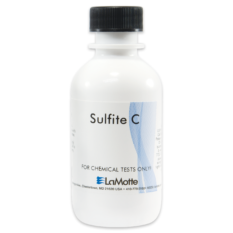 A white plastic bottle labeled “Sulfite C” with the LaMotte logo and the text “For chemical tests only” on the front. The bottle has a white cap and a blue wave design on the label.