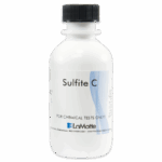 A white plastic bottle labeled Sulfite C for chemical tests by LaMotte, featuring a blue logo and text, with a black screw cap.