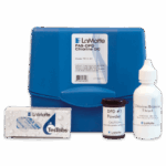 A LaMotte FAS-DPD Chlorine Test Kit - 7514-01 includes a blue carrying case, DPD #1 powder container, chlorine/bromine titrant bottle, and a box labeled TesTabs.