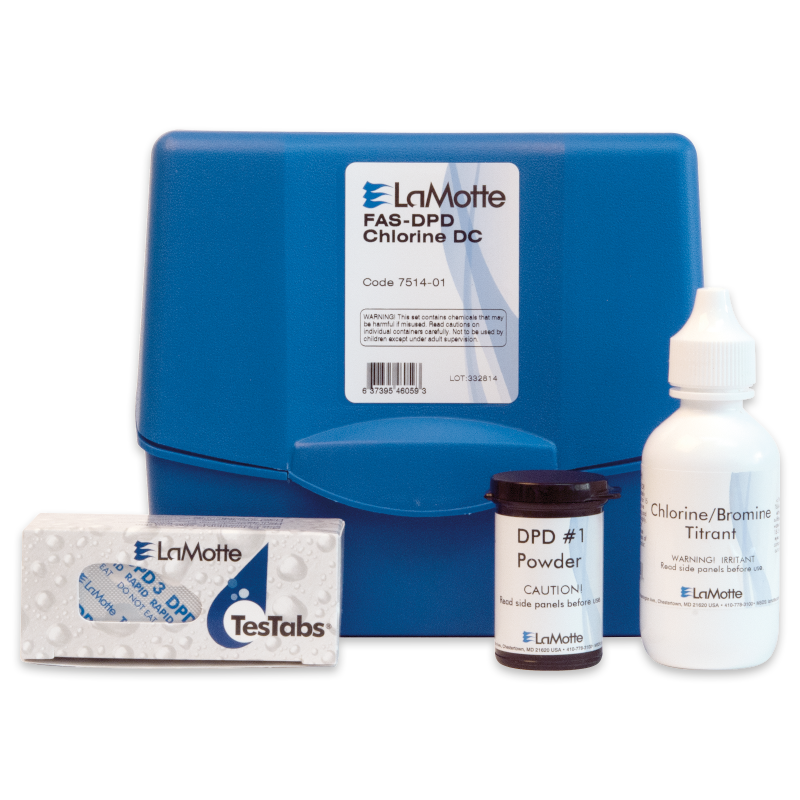 A LaMotte FAS-DPD Chlorine Test Kit - 7514-01 includes a blue carrying case, DPD #1 powder container, chlorine/bromine titrant bottle, and a box labeled TesTabs.
