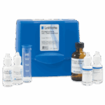 The Phosphonate Test Kit - 7625-01 features a blue case, a clear measuring cylinder, and five labeled reagent bottles, including sodium thiosulfate and thorium nitrate, ideal for precise water testing.