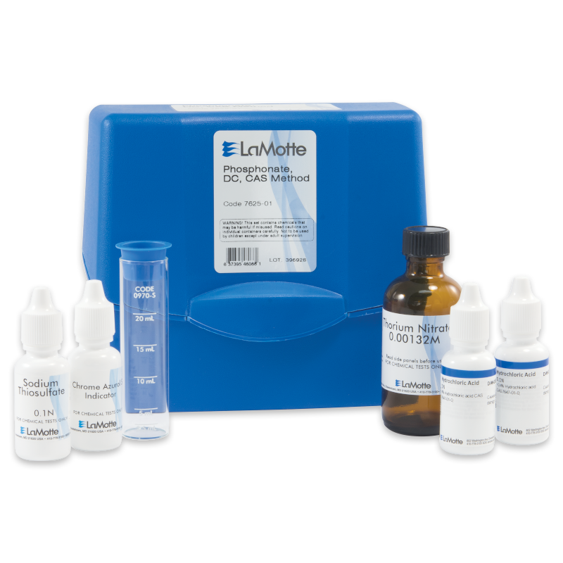 The Phosphonate Test Kit - 7625-01 features a blue case, a clear measuring cylinder, and five labeled reagent bottles, including sodium thiosulfate and thorium nitrate, ideal for precise water testing.