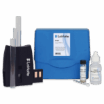A LaMotte Low Iron in Water Test Kit - 7787-01 with a blue carrying case, test tubes, a black tube holder, iron reagent bottle, vial of iron powder, and a plastic scoop arranged neatly in front.