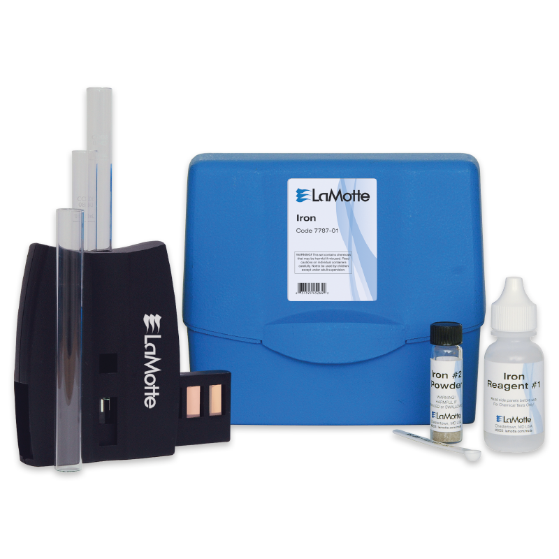 A LaMotte Low Iron in Water Test Kit - 7787-01 with a blue carrying case, test tubes, a black tube holder, iron reagent bottle, vial of iron powder, and a plastic scoop arranged neatly in front.