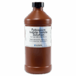 A brown plastic bottle labeled Potassium Iodide-Iodate Solution with instructions for chemical test use. The bottle has a black cap and white label with black and blue text.