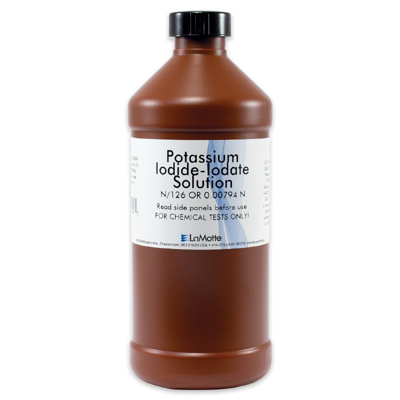 A brown plastic bottle labeled Potassium Iodide-Iodate Solution with instructions for chemical test use. The bottle has a black cap and white label with black and blue text.