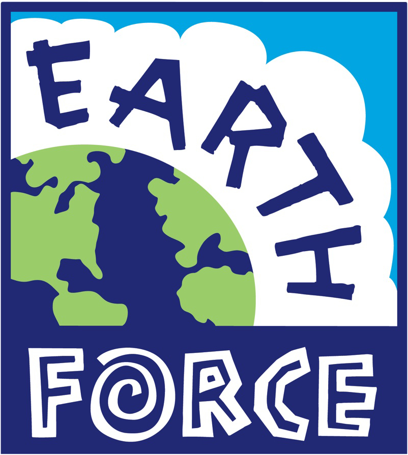 A stylized logo with the words EARTH FORCE above a partial view of the Earth, blue continents and green oceans, set against a blue and white sky background.