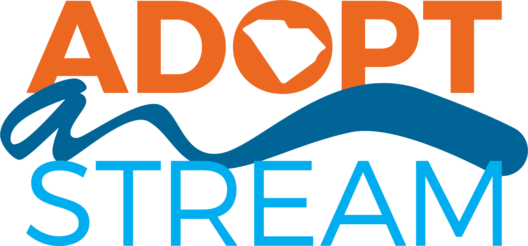 Logo with bold orange text ADOPT, a blue wave underlining a blue script a, and large blue text STREAM. The letter O contains a white map outline of South Carolina.