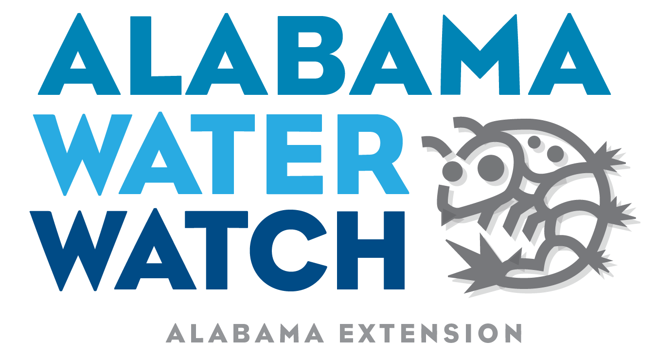 Logo for Alabama Water Watch, featuring bold blue text and a stylized gray aquatic insect illustration, with “Alabama Extension” written in light gray below.