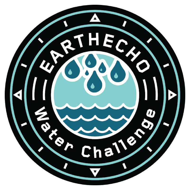 Circular EarthEcho Water Challenge logo featuring blue water waves and droplets at the center, with the words "EarthEcho Water Challenge" encircling the edge in a simple, graphic style.