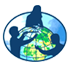 Three silhouetted figures stand around a globe, touching or gesturing toward it, with a blue oval background. The globe features green continents and yellow longitude and latitude lines.