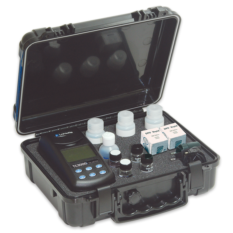 A black hard case opened to reveal a portable water testing kit, including the TC3000T Turbidity, Chlorine & Color Meter - 1975-T, reagent bottles, small sample containers, and test accessories arranged neatly inside.