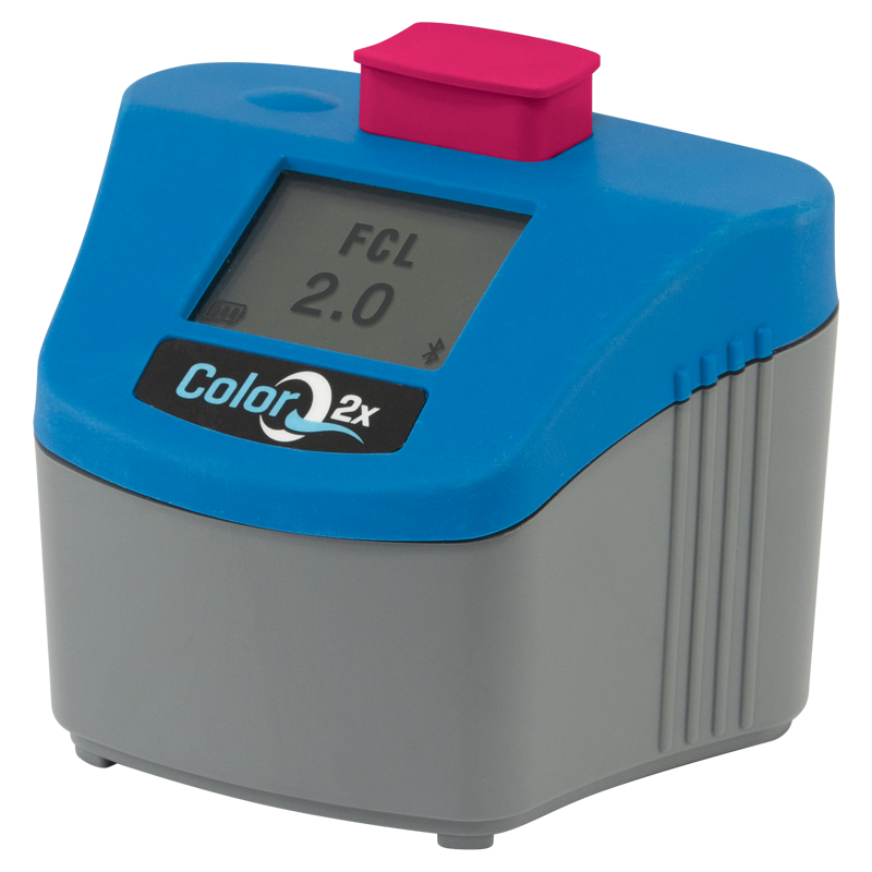 A portable digital water tester with a gray base, blue top, pink button, and a screen displaying FCL 2.0. The device is labeled ColorQ 2X.