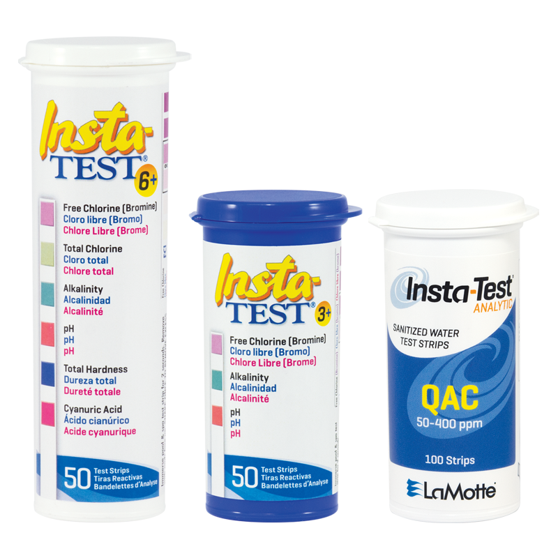 Three cylindrical containers of Insta-Test pool and spa test strips are shown upright. Each container has a colorful label with details about water tests, and the rightmost container is labeled for QAC sanitizer test strips.