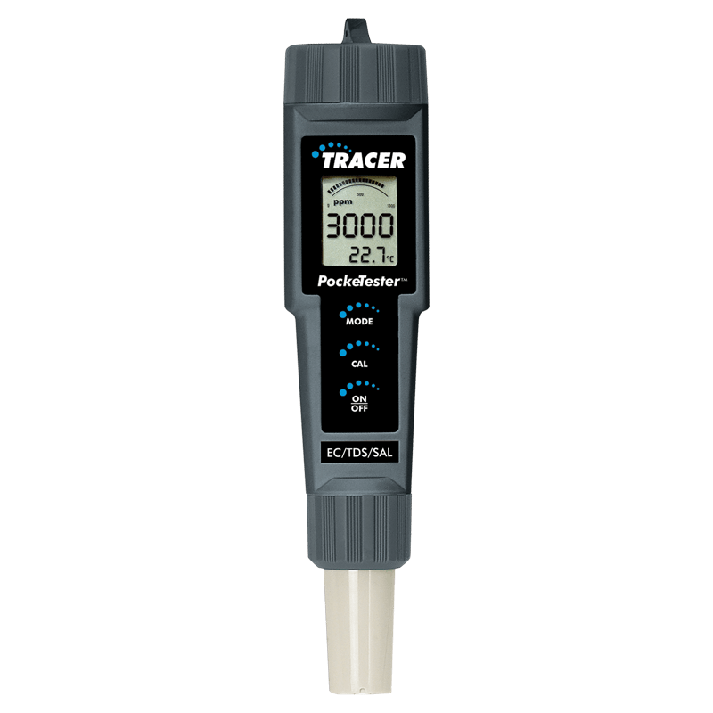 A handheld digital water tester with an LCD screen displaying readings of 3000 ppm and 22.7°C. The device has buttons labeled MODE, CAL, and ON/OFF, and the brand name TRACER is visible at the top.